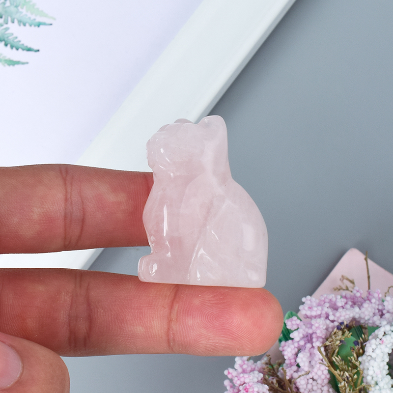  Hand Carved Natural Rose Quartz Crystal Small Cat Figurines Gemstone Craft