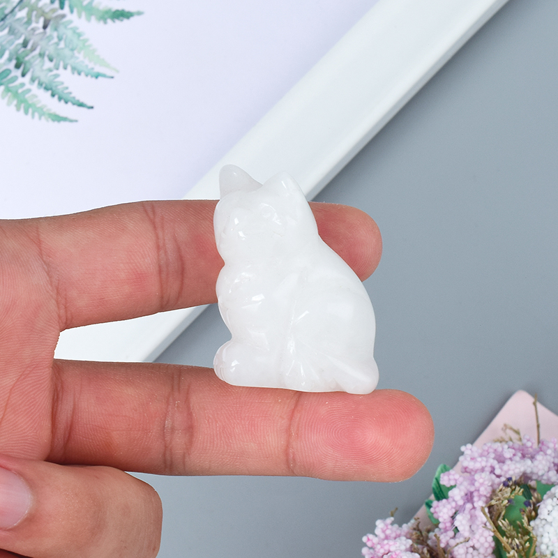  Hand Carved Natural White Jade Crystal Small Cat Figurines Gemstone Craft