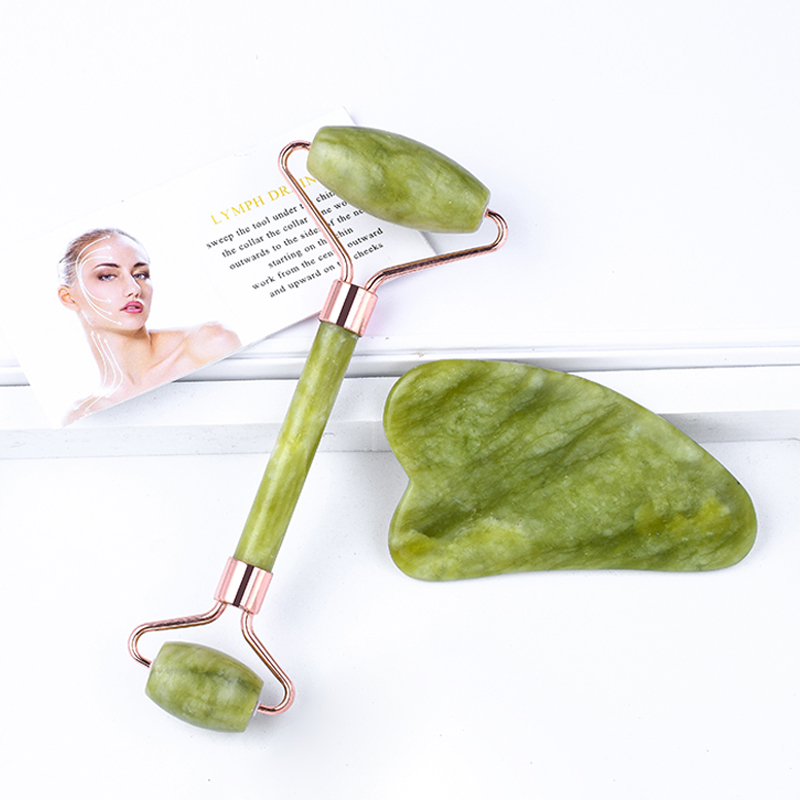 Factory Direct Wholesale Green Jade Roller Gua Sha Set 100% Natural Green Gua Sha Stone Roller Set with Box for Face Skincare